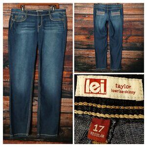 LEI Jeans 17 Taylor Low Rise Skinny Dark Wash Embellished Beaded Denim Stretch